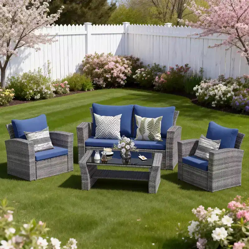 Heynemo – Salon de jardin 4 pièces, ensembles de conversation en osier tous temps, canapé d'angle en rotin avec table basse pour l'extérieur