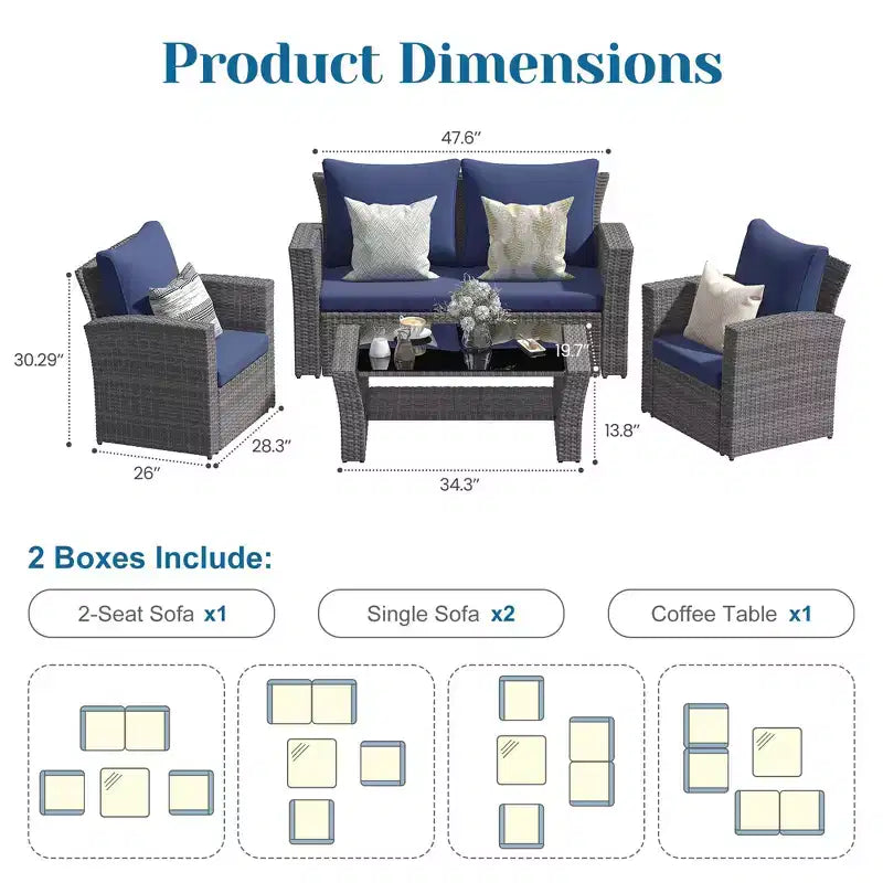 Heynemo – Salon de jardin 4 pièces, ensembles de conversation en osier tous temps, canapé d'angle en rotin avec table basse pour l'extérieur