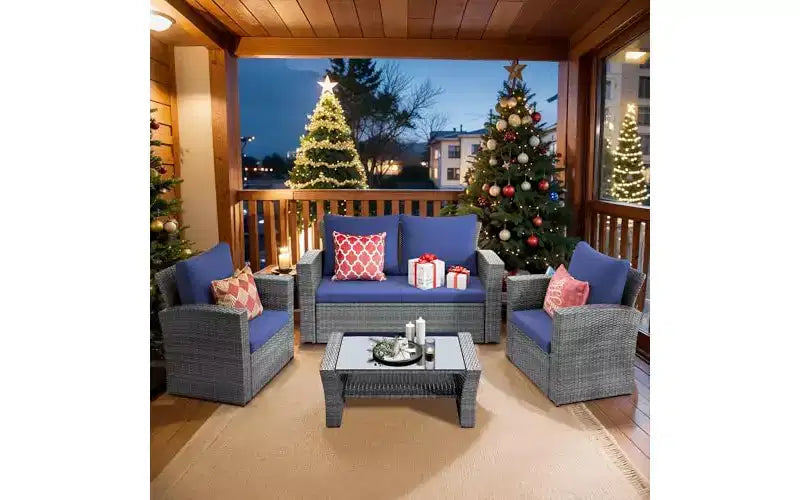 Heynemo – Salon de jardin 4 pièces, ensembles de conversation en osier tous temps, canapé d'angle en rotin avec table basse pour l'extérieur