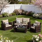 Heynemo – Salon de jardin 4 pièces, ensembles de conversation en osier tous temps, canapé d'angle en rotin avec table basse pour l'extérieur
