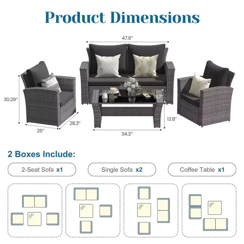 Heynemo – Salon de jardin 4 pièces, ensembles de conversation en osier tous temps, canapé d'angle en rotin avec table basse pour l'extérieur