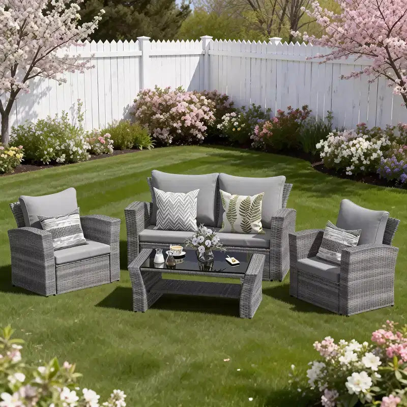 Heynemo – Salon de jardin 4 pièces, ensembles de conversation en osier tous temps, canapé d'angle en rotin avec table basse pour l'extérieur