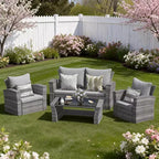 Heynemo – Salon de jardin 4 pièces, ensembles de conversation en osier tous temps, canapé d'angle en rotin avec table basse pour l'extérieur
