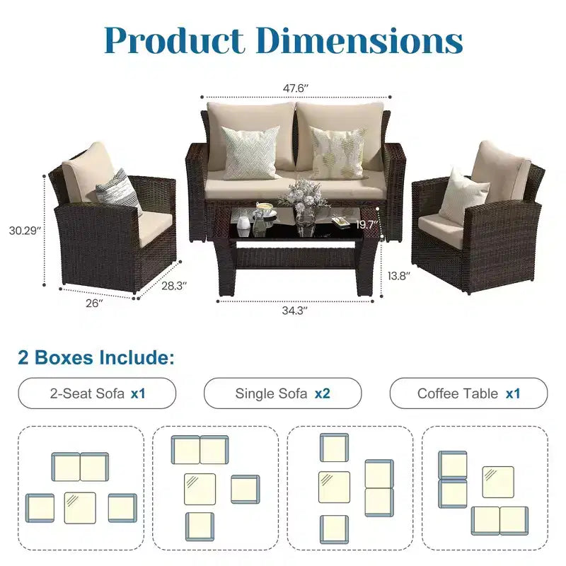 Heynemo – Salon de jardin 4 pièces, ensembles de conversation en osier tous temps, canapé d'angle en rotin avec table basse pour l'extérieur