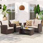 Heynemo – Salon de jardin 4 pièces, ensembles de conversation en osier tous temps, canapé d'angle en rotin avec table basse pour l'extérieur