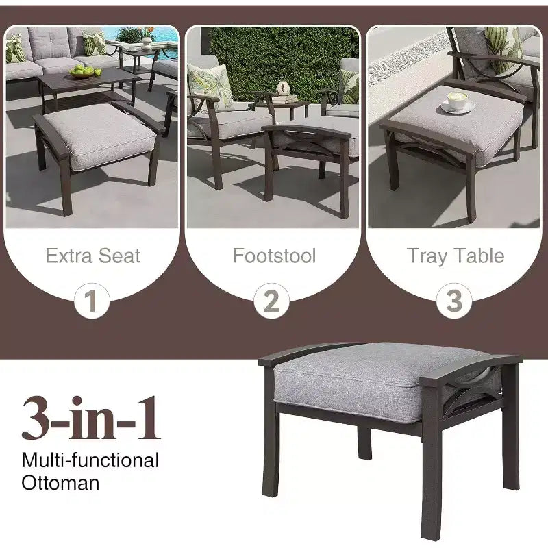 Ensemble de mobilier de jardin Heynemo, ensemble de 7 meubles de salon de jardin avec table d'appoint et poufs, ensemble de meubles en métal pour porche, cour arrière, jardin