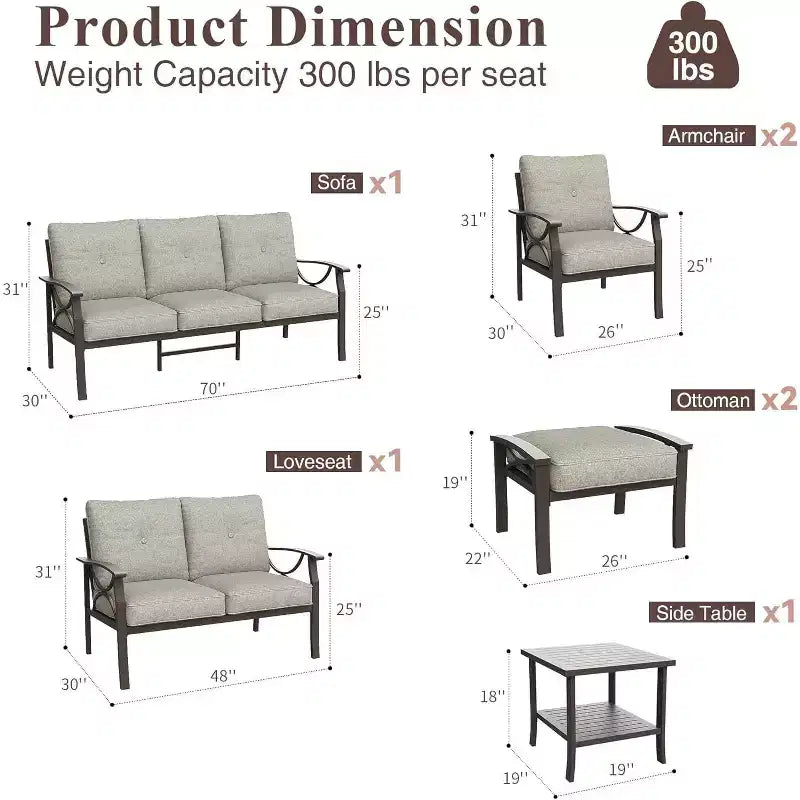 Ensemble de mobilier de jardin Heynemo, ensemble de 7 meubles de salon de jardin avec table d'appoint et poufs, ensemble de meubles en métal pour porche, cour arrière, jardin