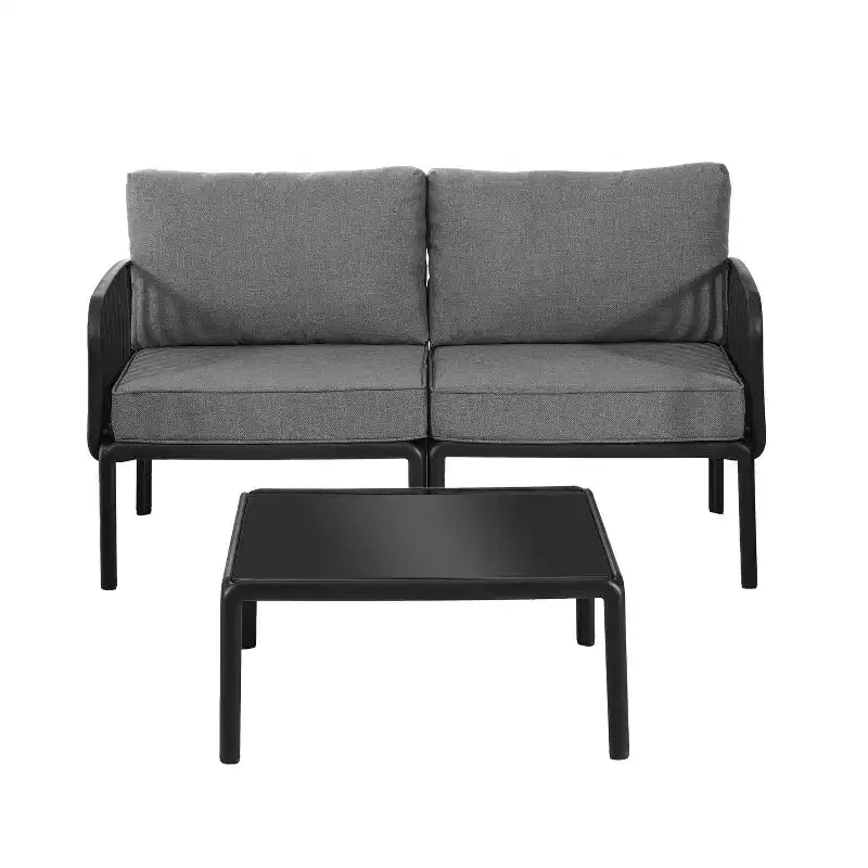 Ensemble de mobilier de patio moderne 4 ou 6 pièces avec table basse carrée, ensemble de conversation avec coussins imperméables, noir/blanc - ModernLuxe