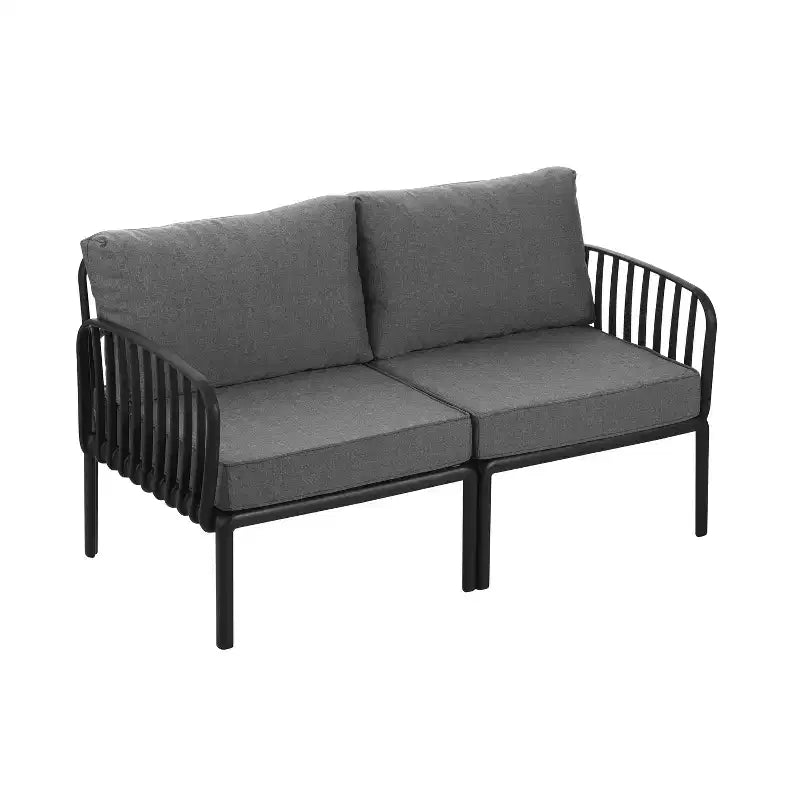 Ensemble de mobilier de patio moderne 4 ou 6 pièces avec table basse carrée, ensemble de conversation avec coussins imperméables, noir/blanc - ModernLuxe