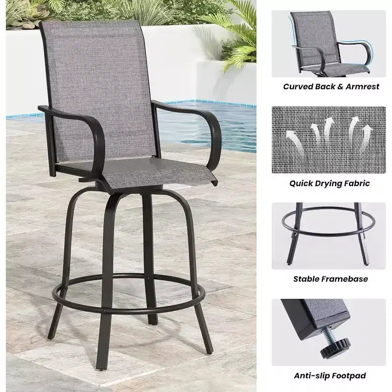 Lot de 4 tabourets de bar pivotants d'extérieur – Tissu Textilène, rotation à 360°, design ergonomique toutes saisons, hauteur de bar idéale pour balcon et terrasse