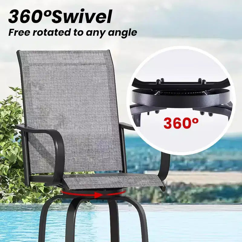 Lot de 4 tabourets de bar pivotants d'extérieur – Tissu Textilène, rotation à 360°, design ergonomique toutes saisons, hauteur de bar idéale pour balcon et terrasse