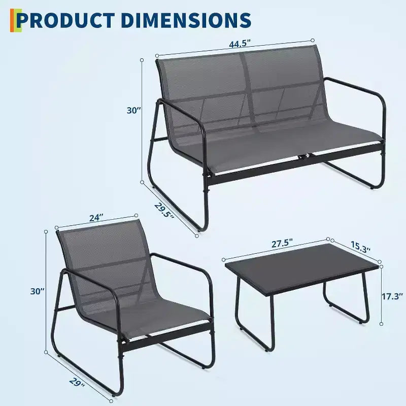 Ensemble de 4 meubles de jardin pour terrasse - Structure en acier, tissu Textilène et table en verre trempé pour balcon/arrière-cour