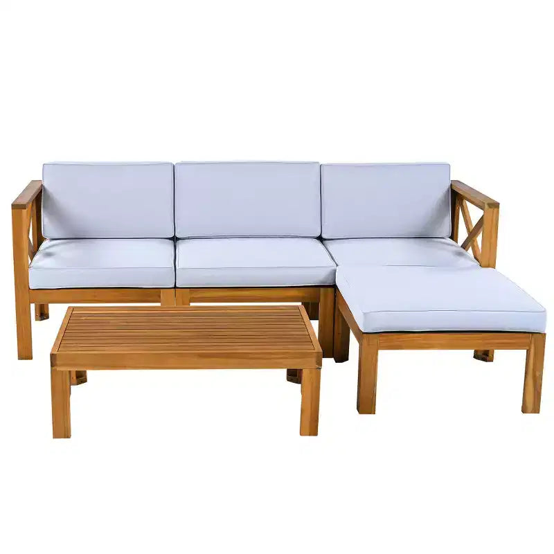 Chic Crate – Ensemble de 5 pièces de canapé sectionnel d'extérieur en bois pour patio avec coussins gris résistants à l'eau pour jardin, véranda, terrasse – Finition naturelle