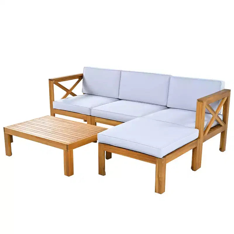 Chic Crate – Ensemble de 5 pièces de canapé sectionnel d'extérieur en bois pour patio avec coussins gris résistants à l'eau pour jardin, véranda, terrasse – Finition naturelle