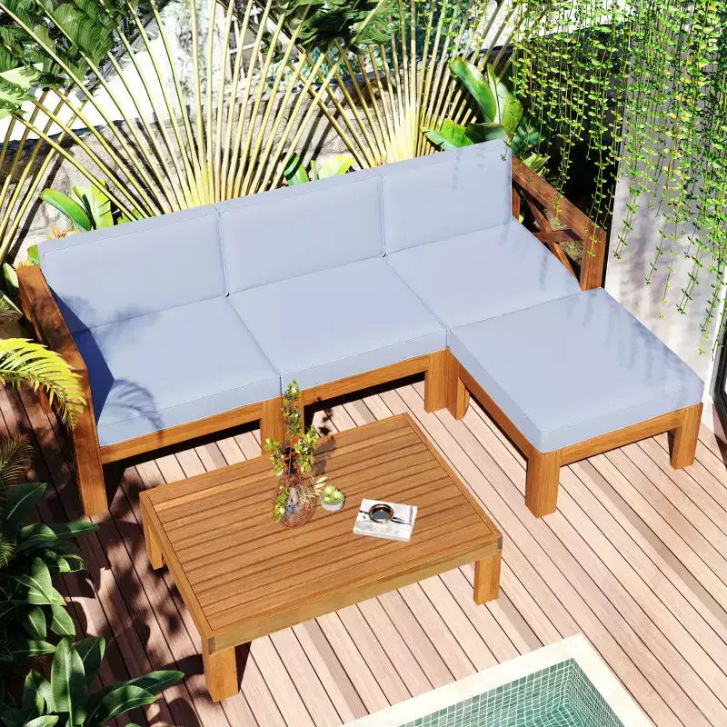 Chic Crate – Ensemble de 5 pièces de canapé sectionnel d'extérieur en bois pour patio avec coussins gris résistants à l'eau pour jardin, véranda, terrasse – Finition naturelle