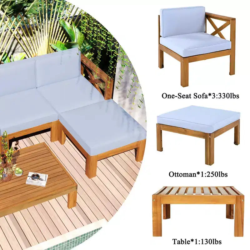 Chic Crate – Ensemble de 5 pièces de canapé sectionnel d'extérieur en bois pour patio avec coussins gris résistants à l'eau pour jardin, véranda, terrasse – Finition naturelle