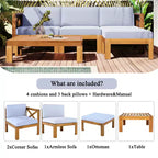 Chic Crate – Ensemble de 5 pièces de canapé sectionnel d'extérieur en bois pour patio avec coussins gris résistants à l'eau pour jardin, véranda, terrasse – Finition naturelle