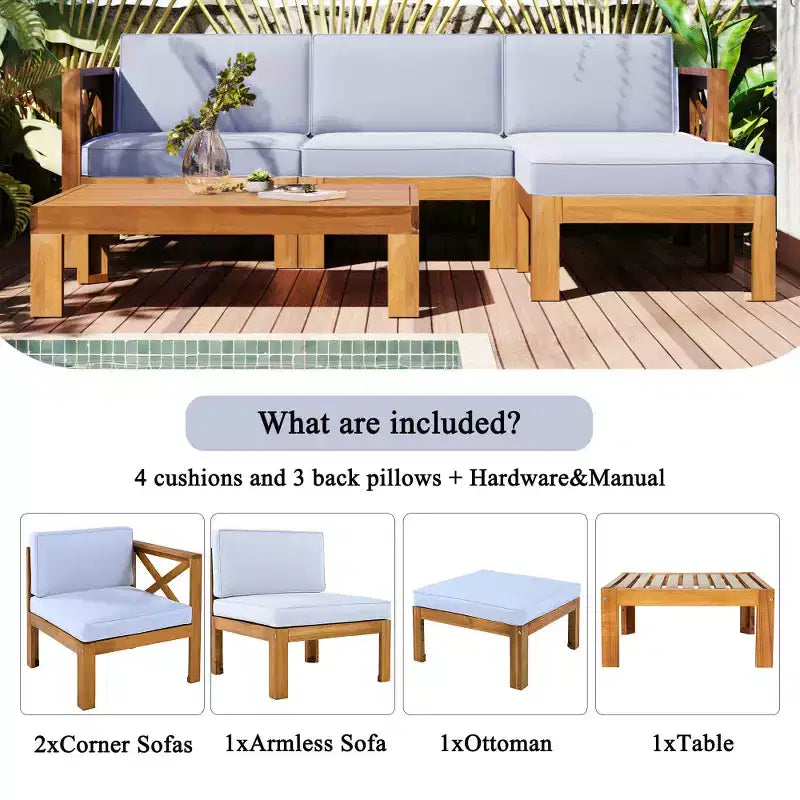 Chic Crate – Ensemble de 5 pièces de canapé sectionnel d'extérieur en bois pour patio avec coussins gris résistants à l'eau pour jardin, véranda, terrasse – Finition naturelle