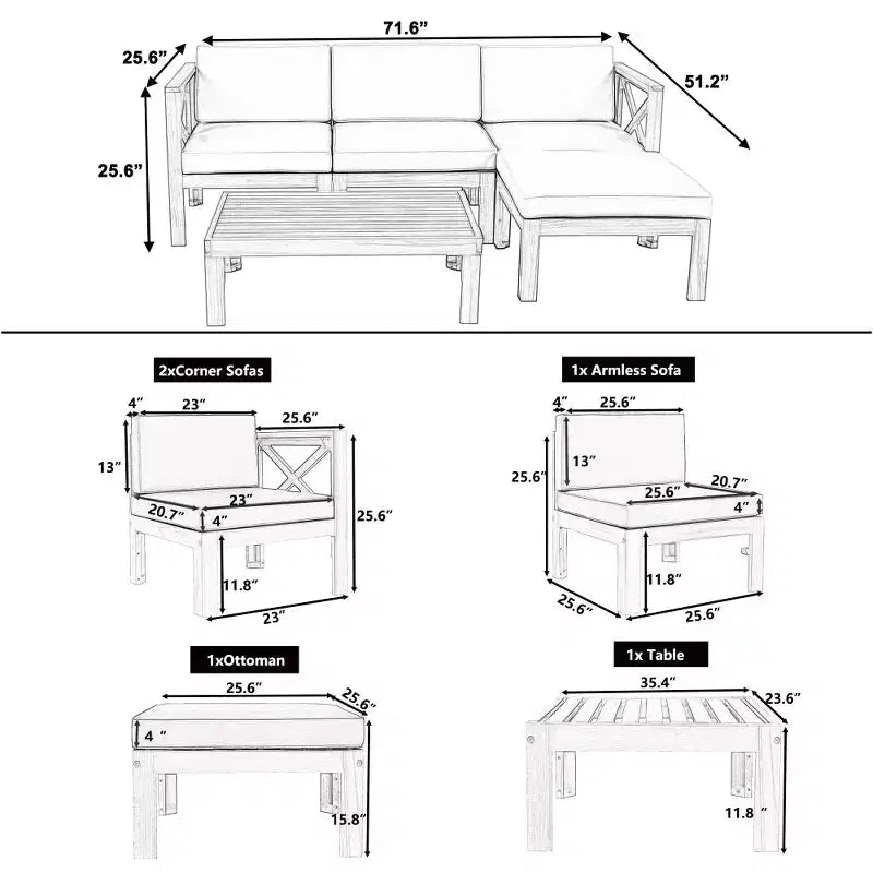 Chic Crate – Ensemble de 5 pièces de canapé sectionnel d'extérieur en bois pour patio avec coussins gris résistants à l'eau pour jardin, véranda, terrasse – Finition naturelle