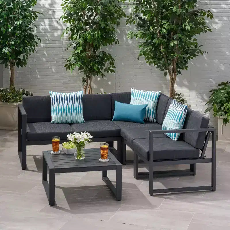 Christopher Knight Home Navan Outdoor Aluminum 5 Seater Sectional Sofa Chat Set with Cushions, Dark Gray/Black