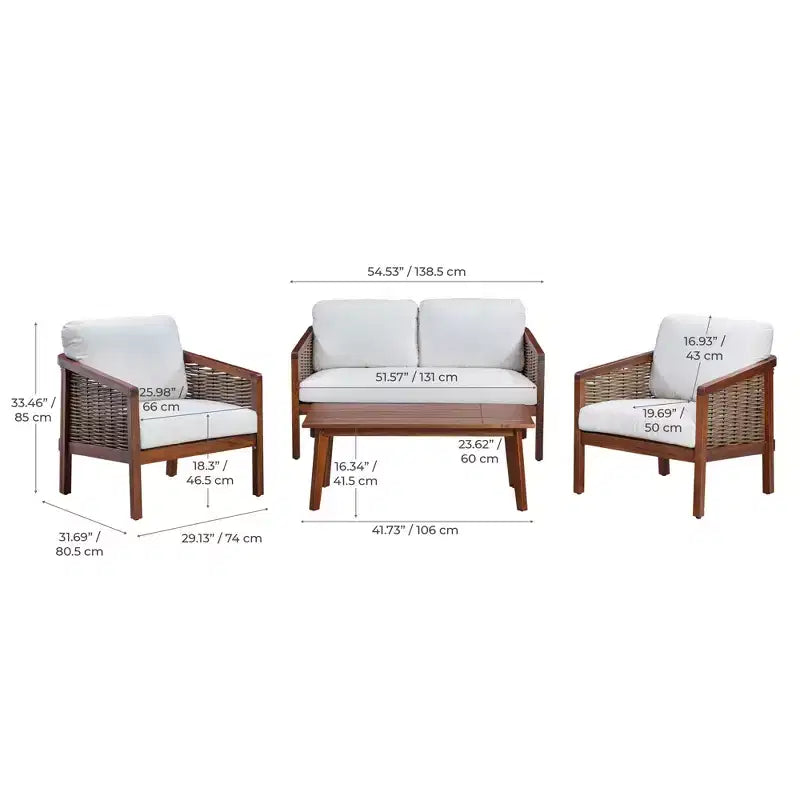 Ensemble de conversation d'extérieur 4 pièces en bois d'acacia marron - Teamson Home : sièges avec coussins et table basse assortie