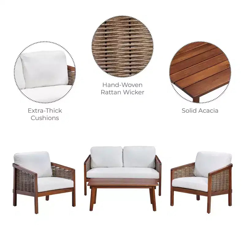 Ensemble de conversation d'extérieur 4 pièces en bois d'acacia marron - Teamson Home : sièges avec coussins et table basse assortie