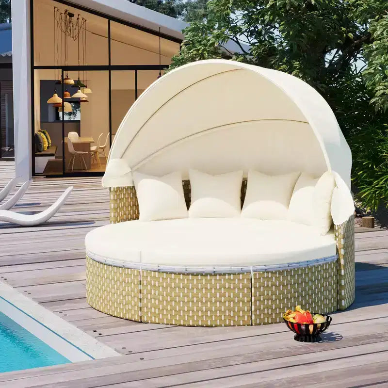 Canapé d'angle d'extérieur en rotin Whisen avec baldaquin rétractable et coussin amovible