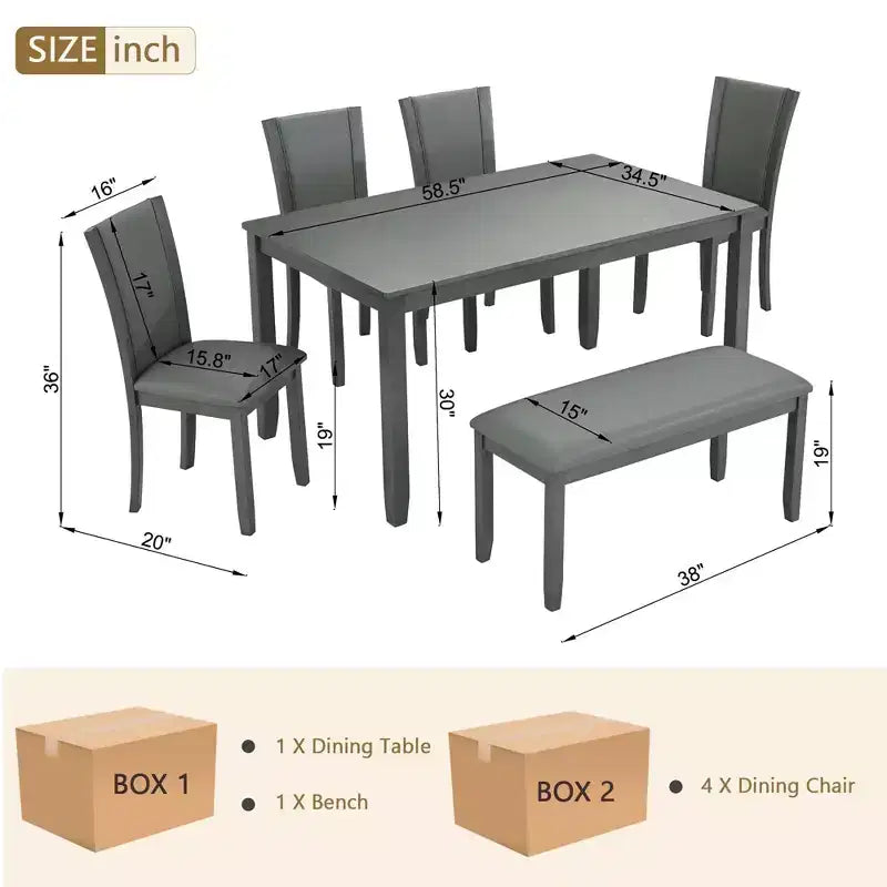 Ensemble de salle à manger 6 pièces avec banc et chaises, table à manger en bois pour 6 personnes, ensemble de salle à manger moderne 6 places pour salle à manger, cuisine