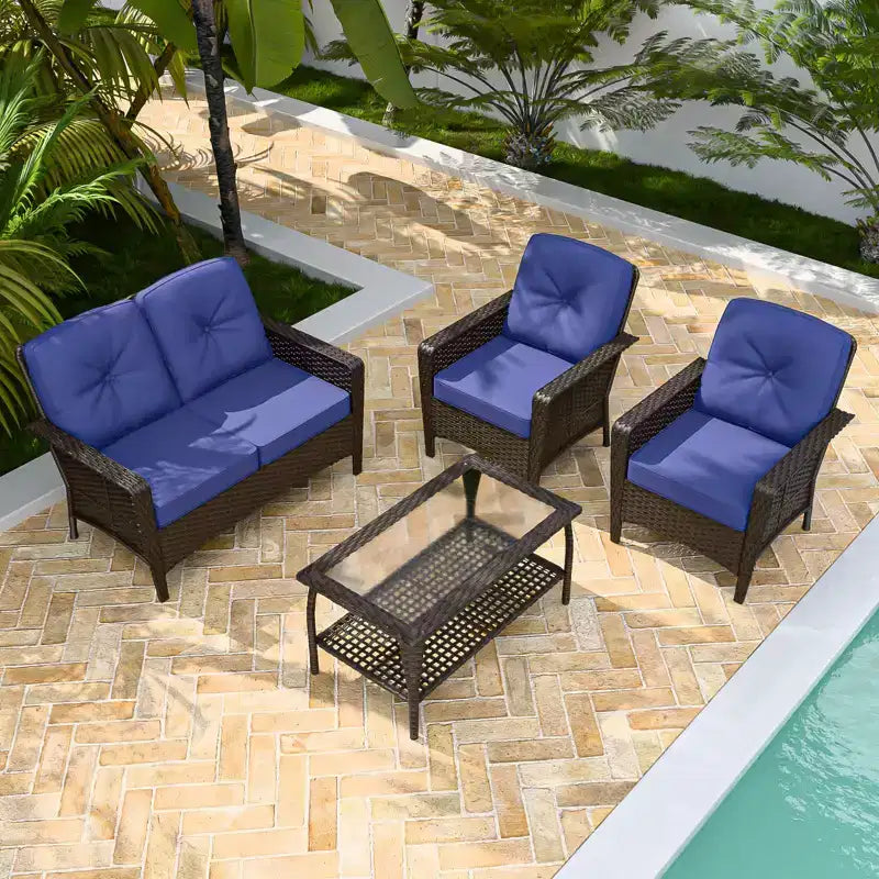EAGLE PEAK Ensemble de conversation 4 pièces en rotin pour terrasse, canapé et fauteuils d'extérieur en osier avec table basse