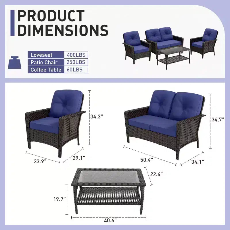 EAGLE PEAK Ensemble de conversation 4 pièces en rotin pour terrasse, canapé et fauteuils d'extérieur en osier avec table basse