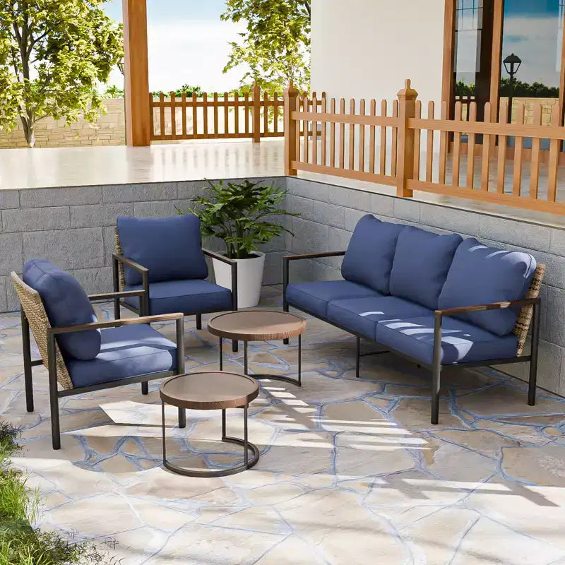 EAGLE PEAK Sunset Dune Ensemble de 5 meubles d'extérieur modernes, Salon de jardin en osier effet bois