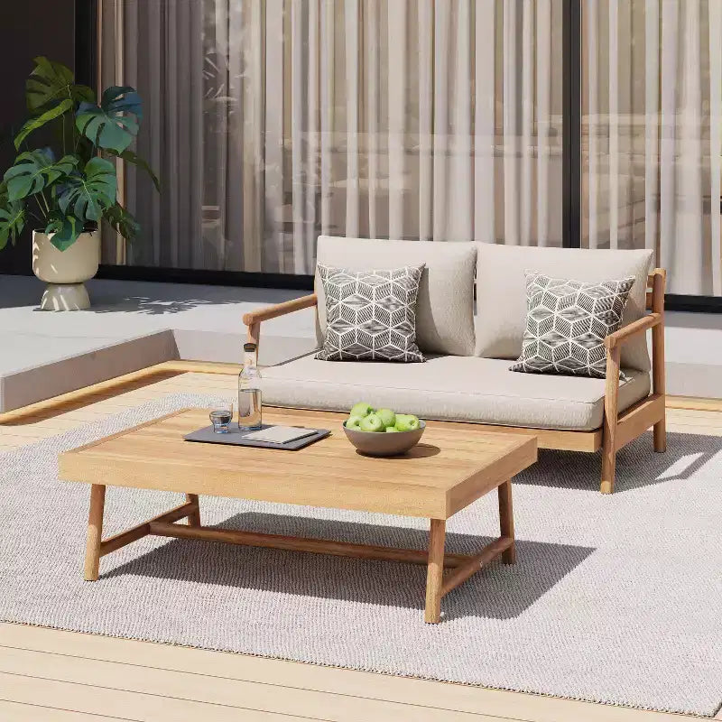 Christopher Knight Home Shane Ensemble Causeuse Rembourrée et Table Basse d'Extérieur Rustique en Bois d'Acacia