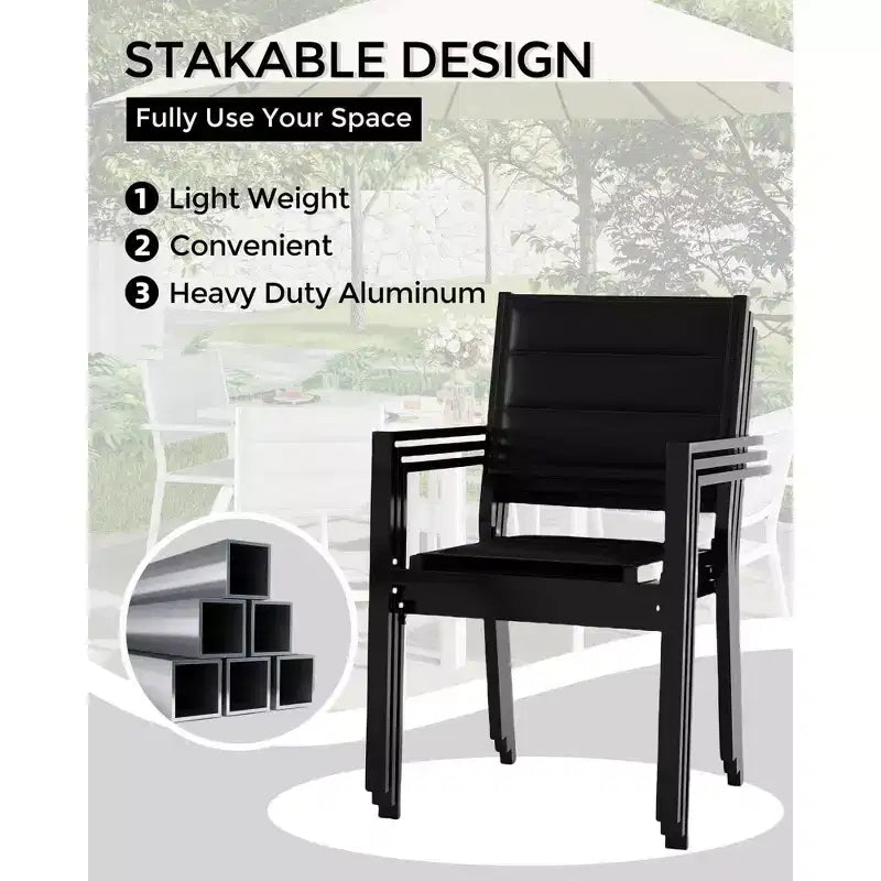 Lot de 4 chaises de patio empilables - Chaises de salle à manger empilables d'extérieur en aluminium avec tissu textilène respirant pour l'extérieur, le patio, la terrasse, le jardin