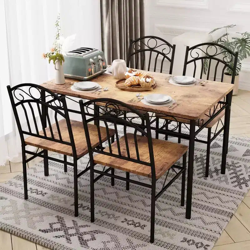 Dining Table Set of 4, Retro Industrial Dining Table & Chairs, Kitchen Table and Chairs, 5 Pieces Dining Room Table Set, for Dining Room, Brown