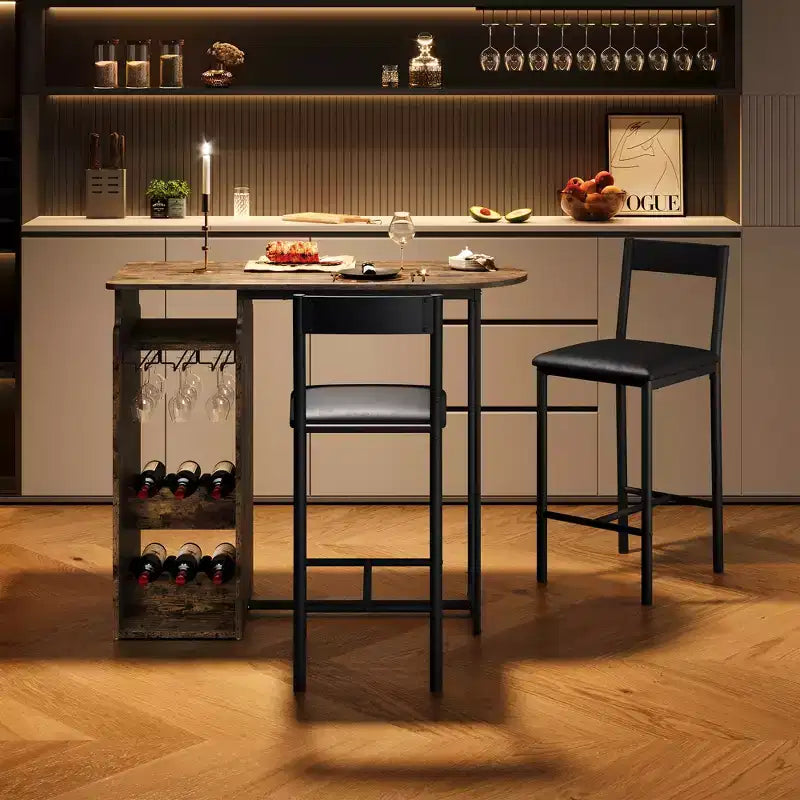 Ensemble table de bar et 2 chaises avec porte-bouteilles et porte-verres à vin, étagère de rangement ouverte, plateau de table semi-circulaire en bois, pour cuisine, salle à manger