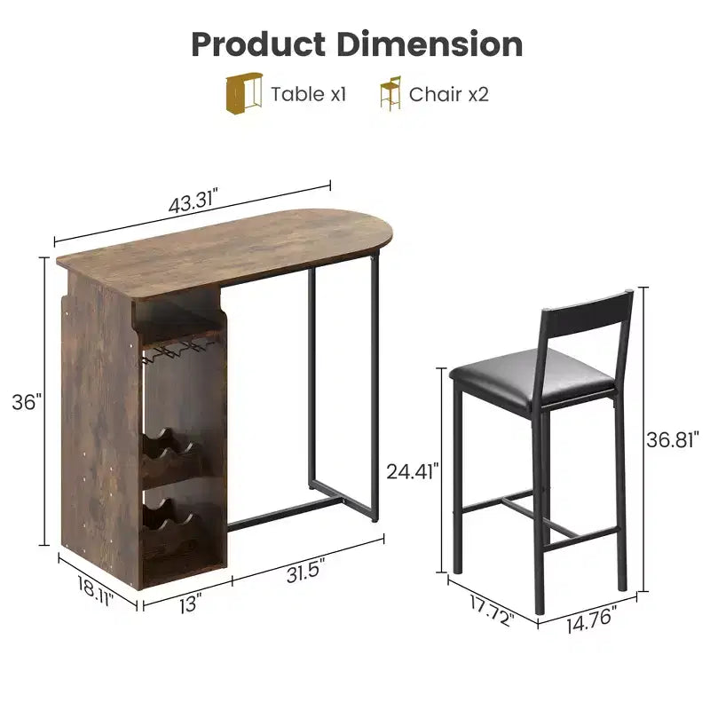 Ensemble table de bar et 2 chaises avec porte-bouteilles et porte-verres à vin, étagère de rangement ouverte, plateau de table semi-circulaire en bois, pour cuisine, salle à manger