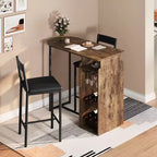 Ensemble table de bar et 2 chaises avec porte-bouteilles et porte-verres à vin, étagère de rangement ouverte, plateau de table semi-circulaire en bois, pour cuisine, salle à manger