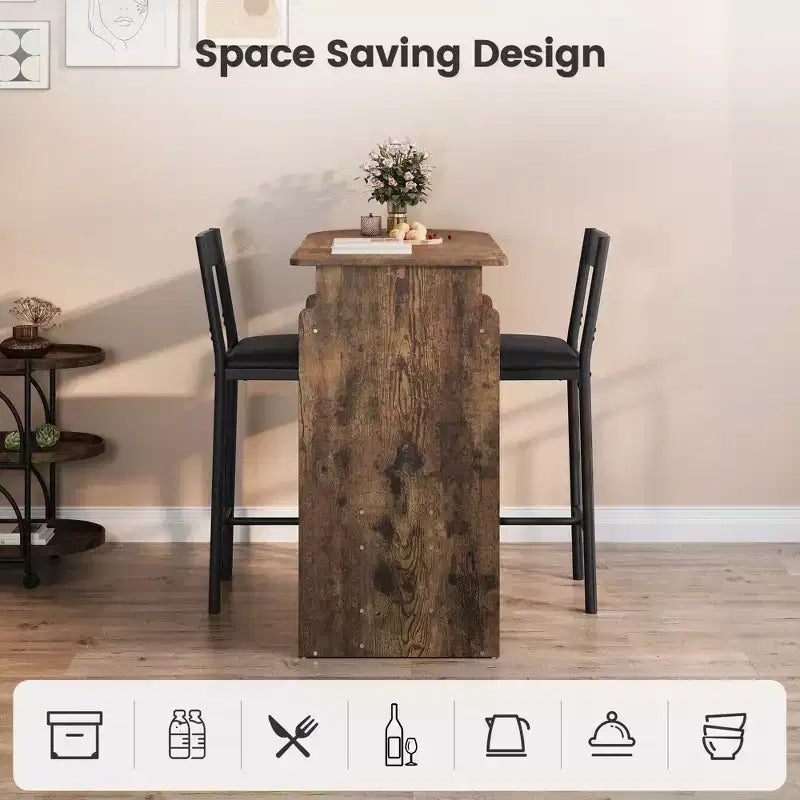 Ensemble table de bar et 2 chaises avec porte-bouteilles et porte-verres à vin, étagère de rangement ouverte, plateau de table semi-circulaire en bois, pour cuisine, salle à manger
