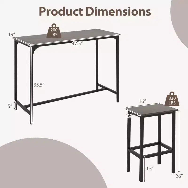 Costway Ensemble table de bar 3 pièces avec repose-pieds Table rectangulaire de hauteur comptoir et chaises Marron/Gris/Noir