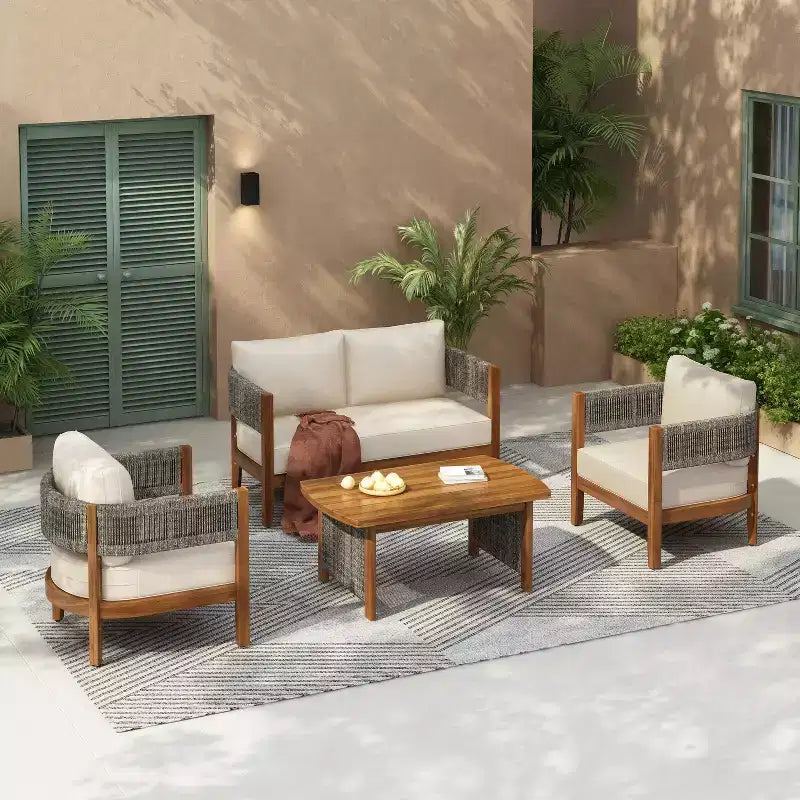 Christopher Knight Home Valentina Ensemble de 4 meubles de patio en bois d'acacia tressé de style rustique avec coussins