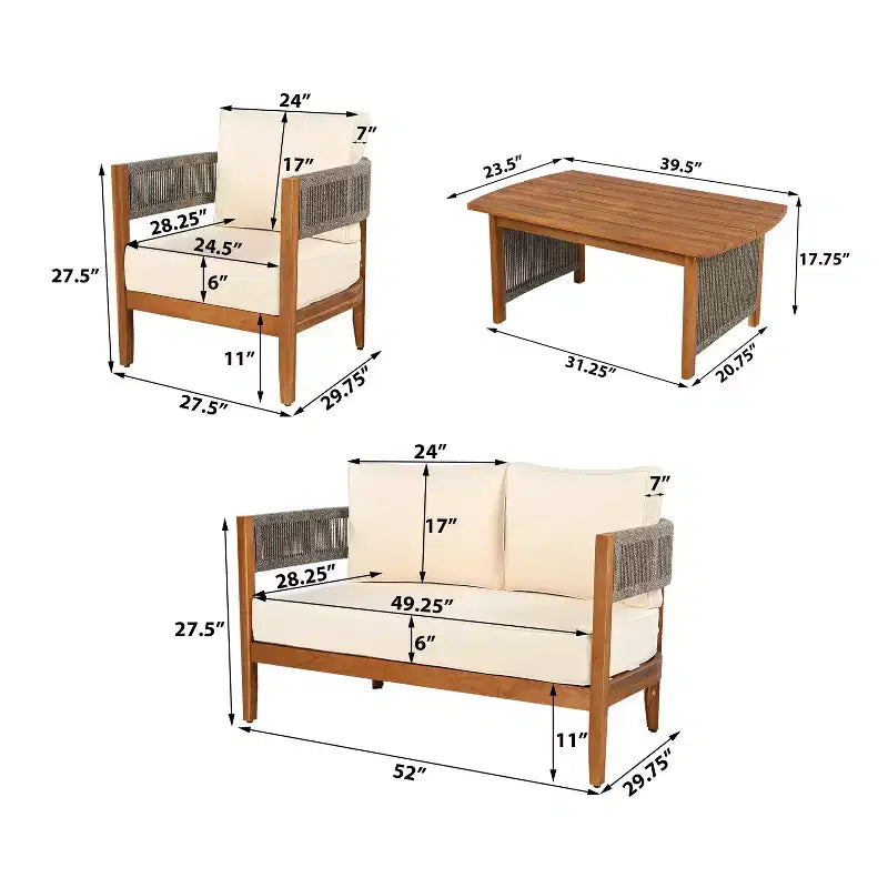 Christopher Knight Home Valentina Ensemble de 4 meubles de patio en bois d'acacia tressé de style rustique avec coussins