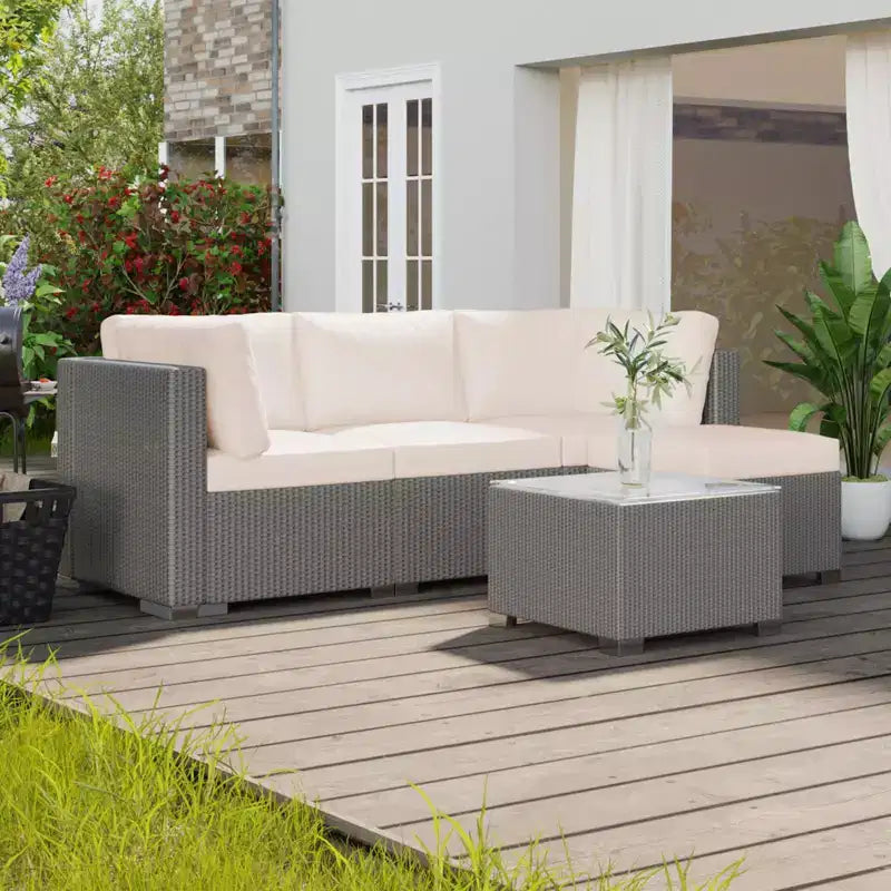 Salon de jardin 5 pièces en rotin, ensemble de conversation en rotin synthétique avec coussins de dossier épais, plateau de table en verre, pouf, beige