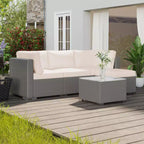 Salon de jardin 5 pièces en rotin, ensemble de conversation en rotin synthétique avec coussins de dossier épais, plateau de table en verre, pouf, beige
