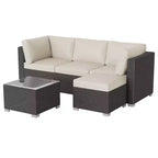 Salon de jardin 5 pièces en rotin, ensemble de conversation en rotin synthétique avec coussins de dossier épais, plateau de table en verre, pouf, beige