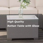 Salon de jardin 5 pièces en rotin, ensemble de conversation en rotin synthétique avec coussins de dossier épais, plateau de table en verre, pouf, beige