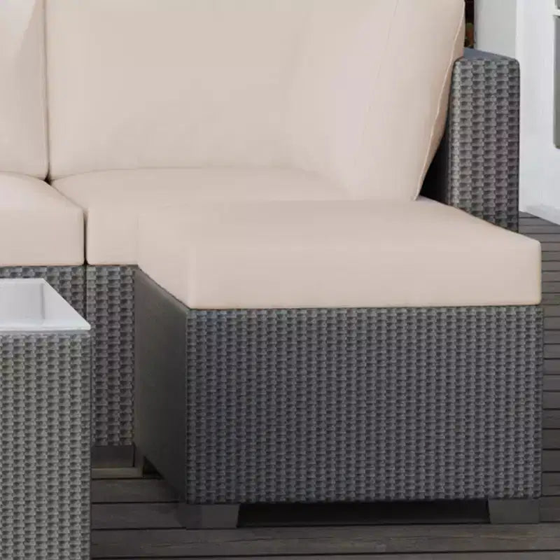 Salon de jardin 5 pièces en rotin, ensemble de conversation en rotin synthétique avec coussins de dossier épais, plateau de table en verre, pouf, beige