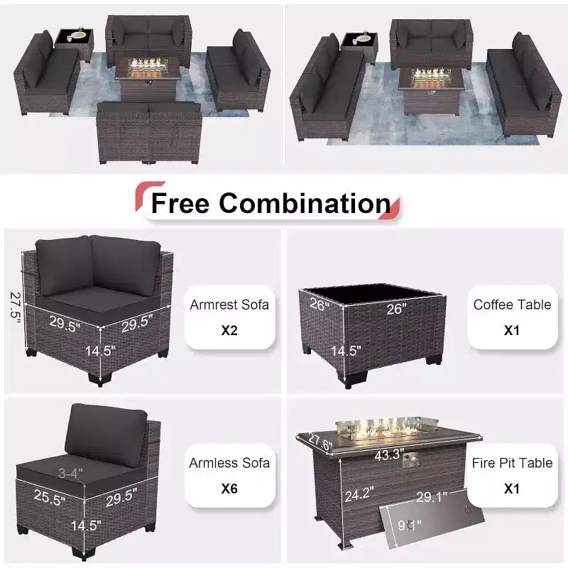 ALAULM Ensemble de 10 pièces de mobilier de patio, salons de conversation d'extérieur en rotin osier, ensemble de canapés de mobilier