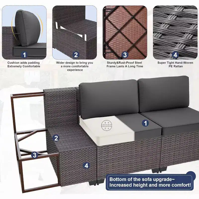 ALAULM Ensemble de 10 pièces de mobilier de patio, salons de conversation d'extérieur en rotin osier, ensemble de canapés de mobilier