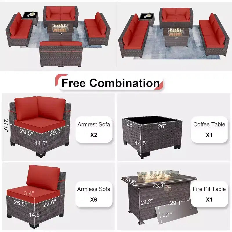 ALAULM Ensemble de 10 pièces de mobilier de patio, salons de conversation d'extérieur en rotin osier, ensemble de canapés de mobilier