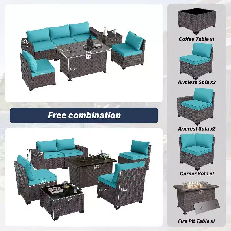 ALAULM Ensemble de mobilier de patio 7 pièces, salons de jardin en rotin tressé, ensemble de canapés avec table brasero à propane de 43 pouces